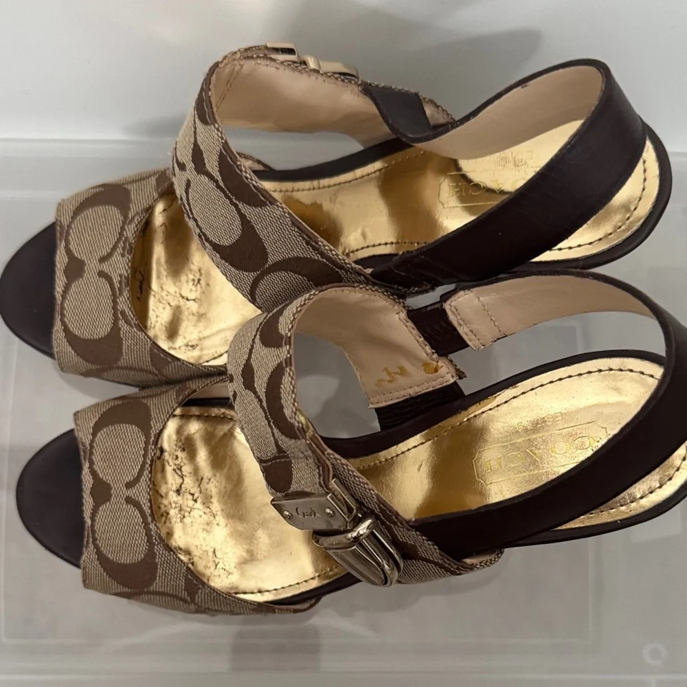 Coach Brown Platform Sandals with Gold Accents - Picture 8 of 11